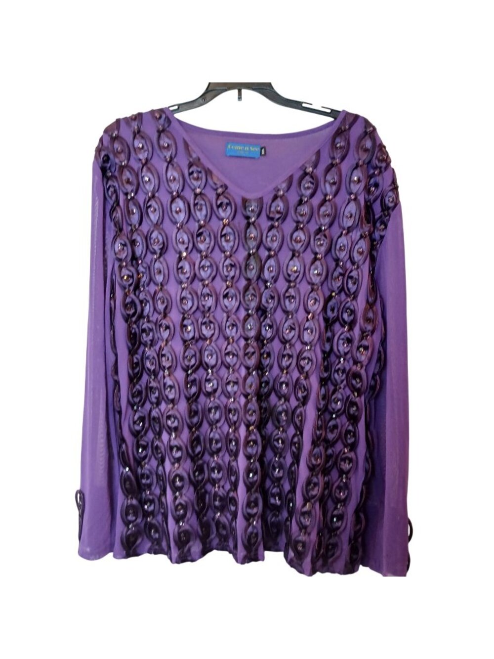 Purple Come N See XXL Sheer Lined Long Sleeve Top w/ Rhinestone Beads VTG #D-30